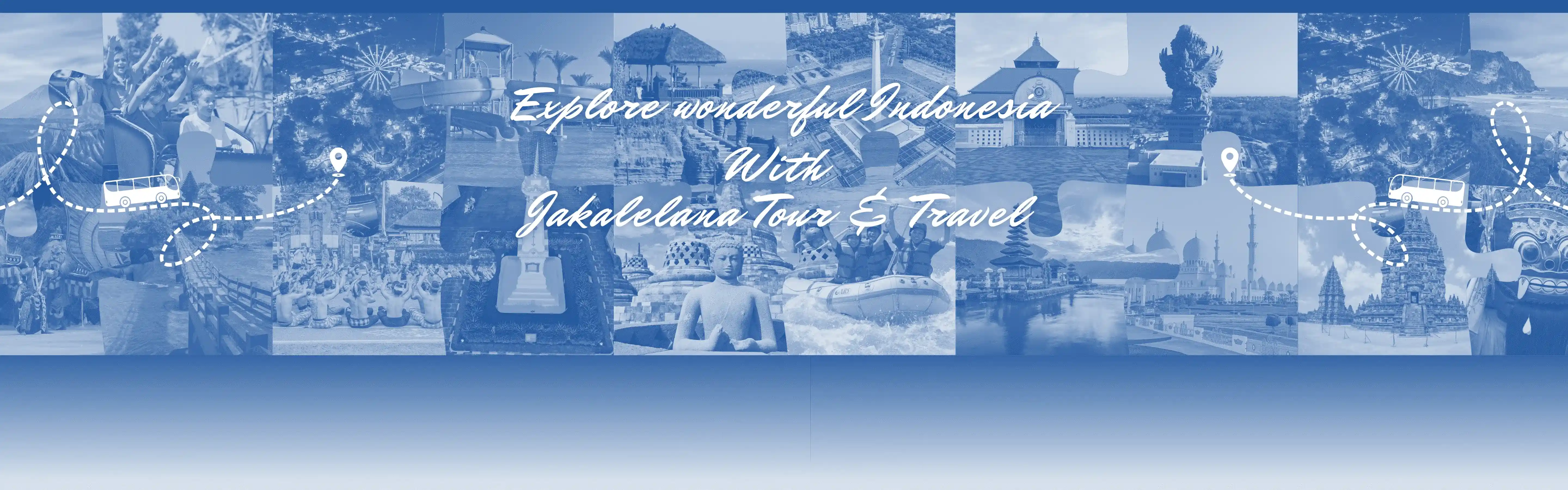 Banner JAKALELANA Tour & Travel menampilkan pemandangan wisata populer dan suasana liburan